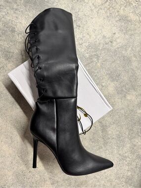 JustFab Black Pointed Toe Stiletto Knee Boot with Back Lace-Up